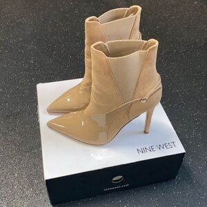 NEW WITH BOX NINE WEST BOOTIES
NUDE PATENT w/ Stretch Upper pointy toe SEXY HEEL